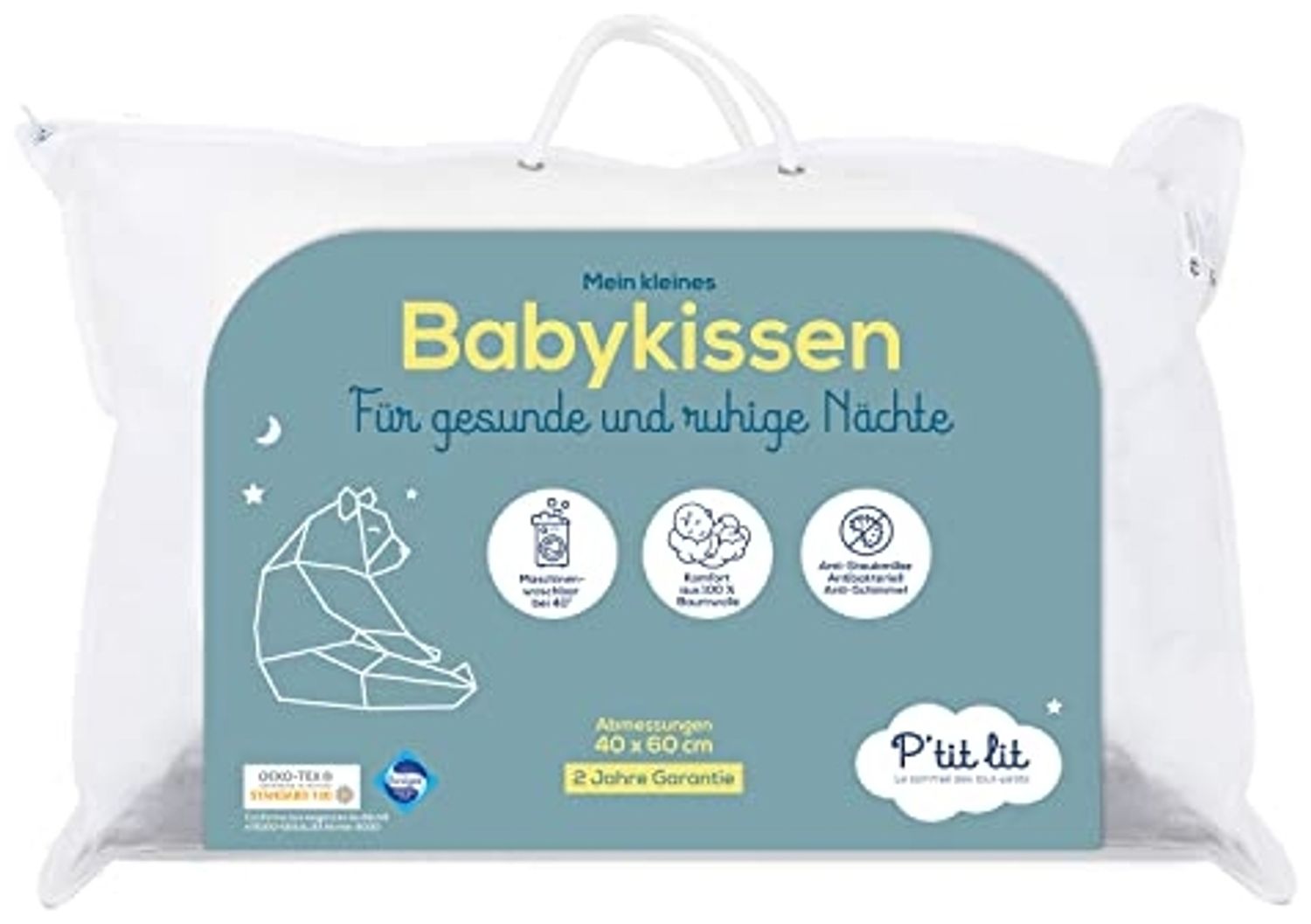 P'TIT LIT - Babykissen | Kinderkissen 40x60 cm - Bezug 100% Baumwolle - Anti Milben - Hypoallergen - Oeko Tex