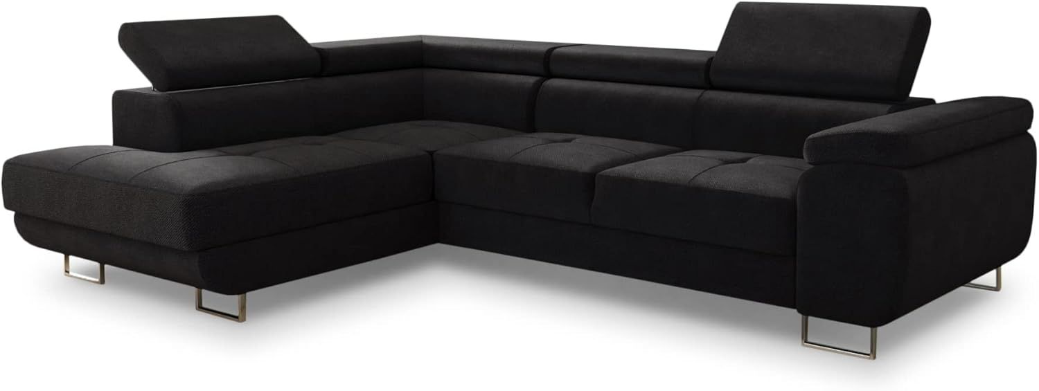 Ecksofa Caris mit Schlaffunktion, Bettkasten und einstellbare Kopfstützen (Schwarz (Kronos 07), Ecksofa Links)