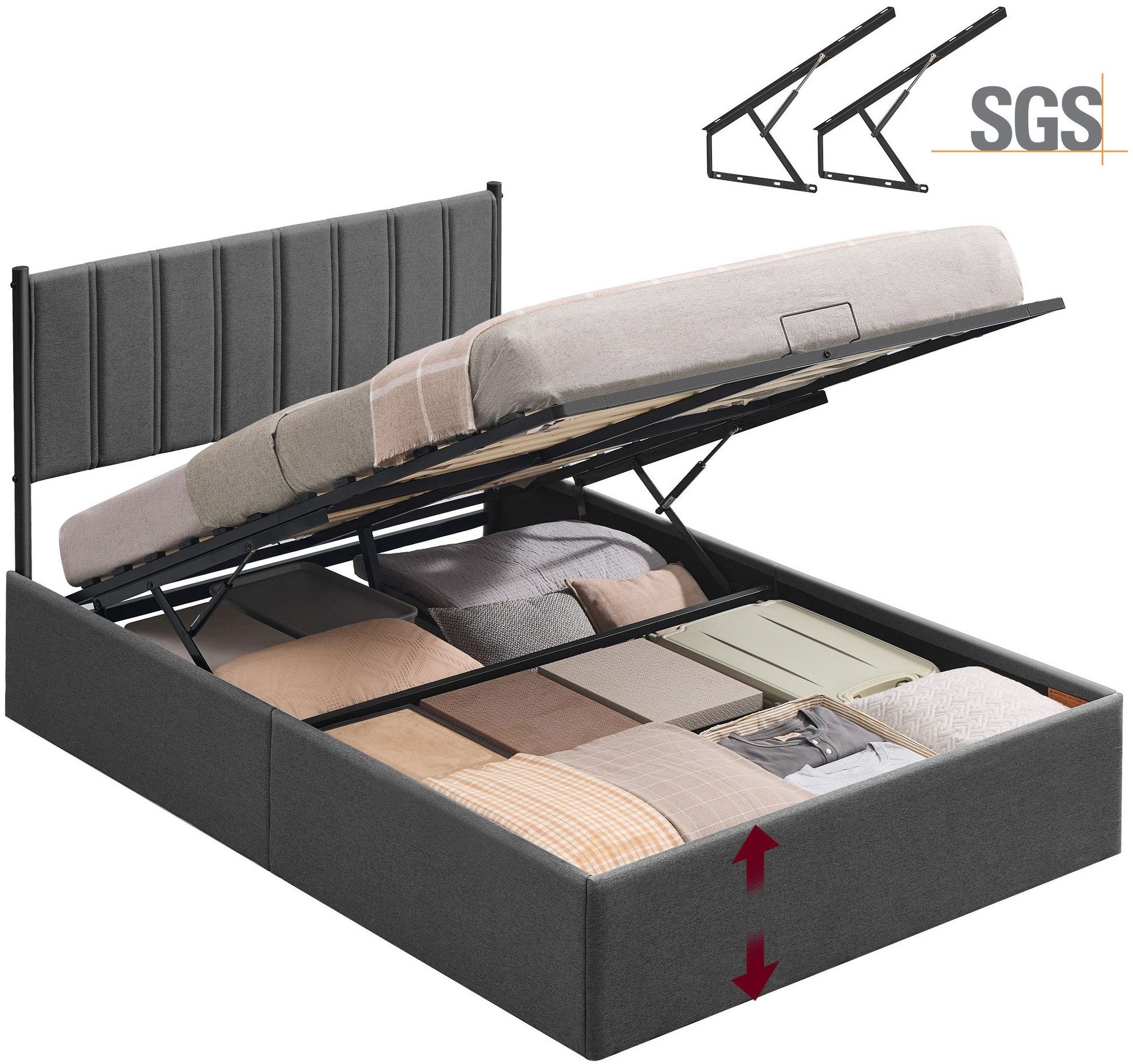 VASAGLE Bettgestell, Bettrahmen, Bett, 140 x 200 cm, klappbar Lattenrost, Unterbettaufbewahrung, Kopfteil, Hydrauliksystem, modern, einfache Montage, dunkelgrau