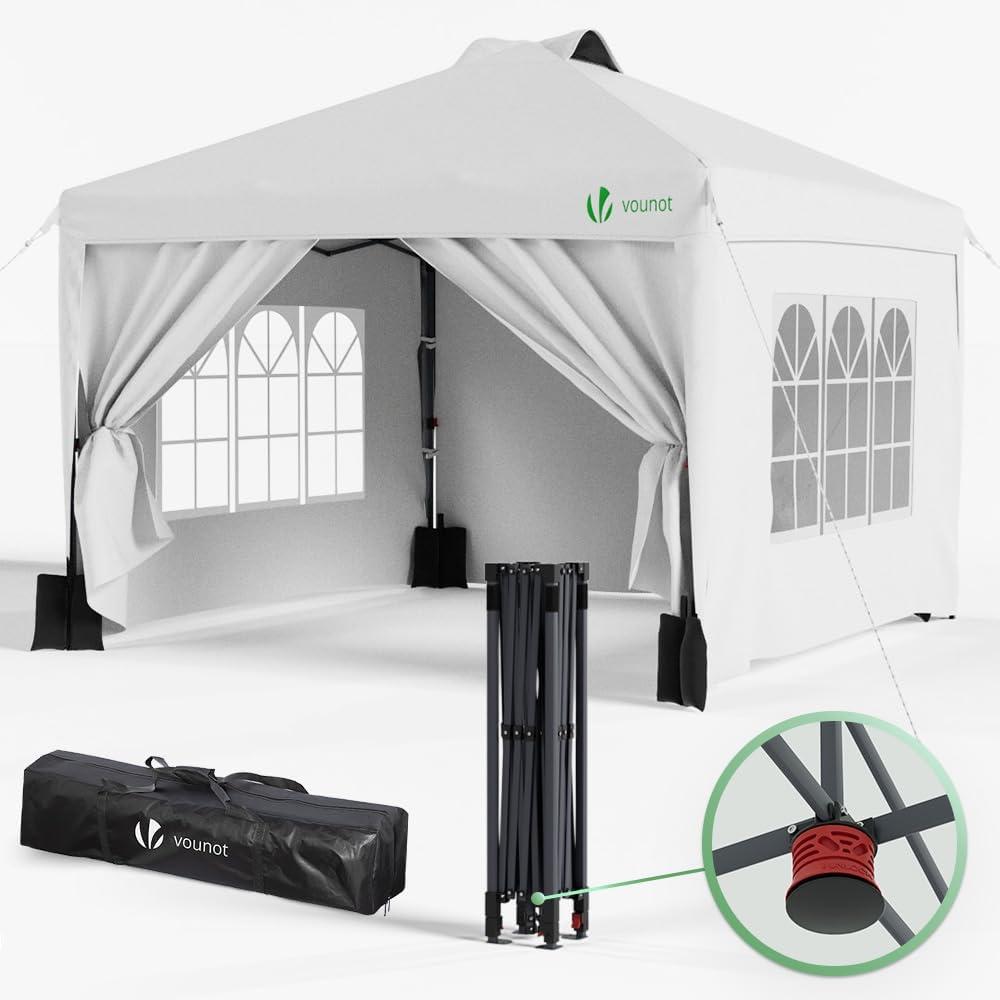 VOUNOT Pavillon 3x3 m Wasserdicht Stabil Winterfest, Pop Up Faltpavillon mit 4 Seitenteilen und 6 Sandsäcke, Faltbar Partyzelt Gartenzelt Gartenpavillon inkl. Tasche, Weiß