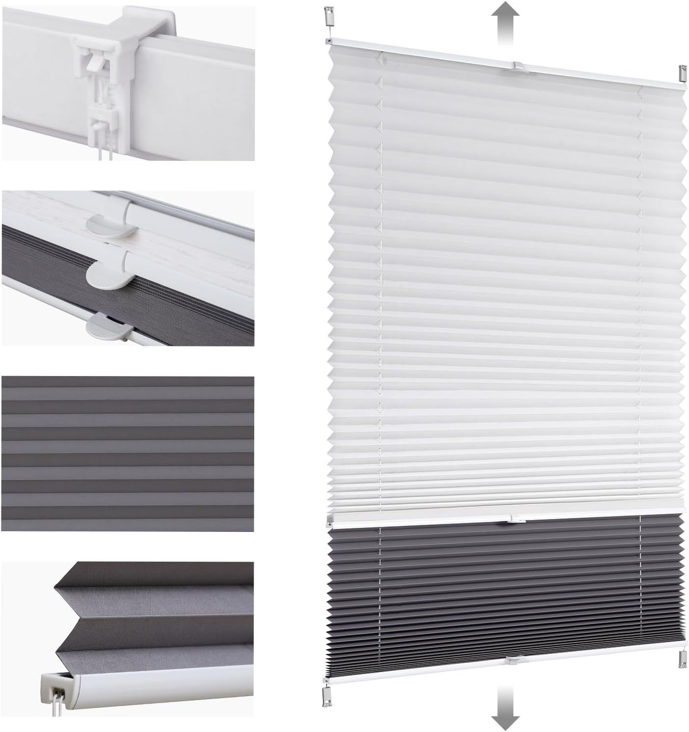 Sekey Plissee Doppelplissee Day+Night Verdunkelung ohne Bohren verspannt Lichtschutz, Klemmfix, 60x200 cm Weiß und Grau