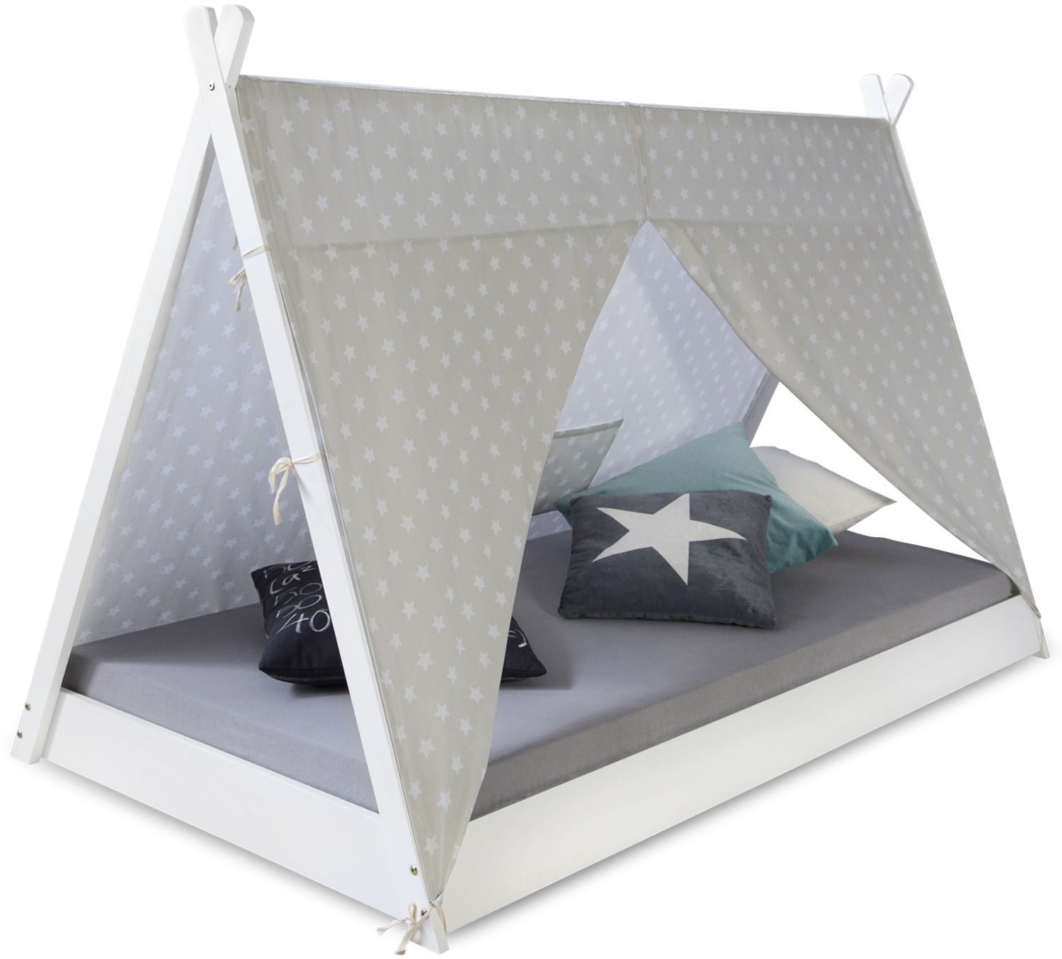 Kinderbett TIPI 90x200 Jugendbett weiß grau Holzbett Kinderzimmer Stoff