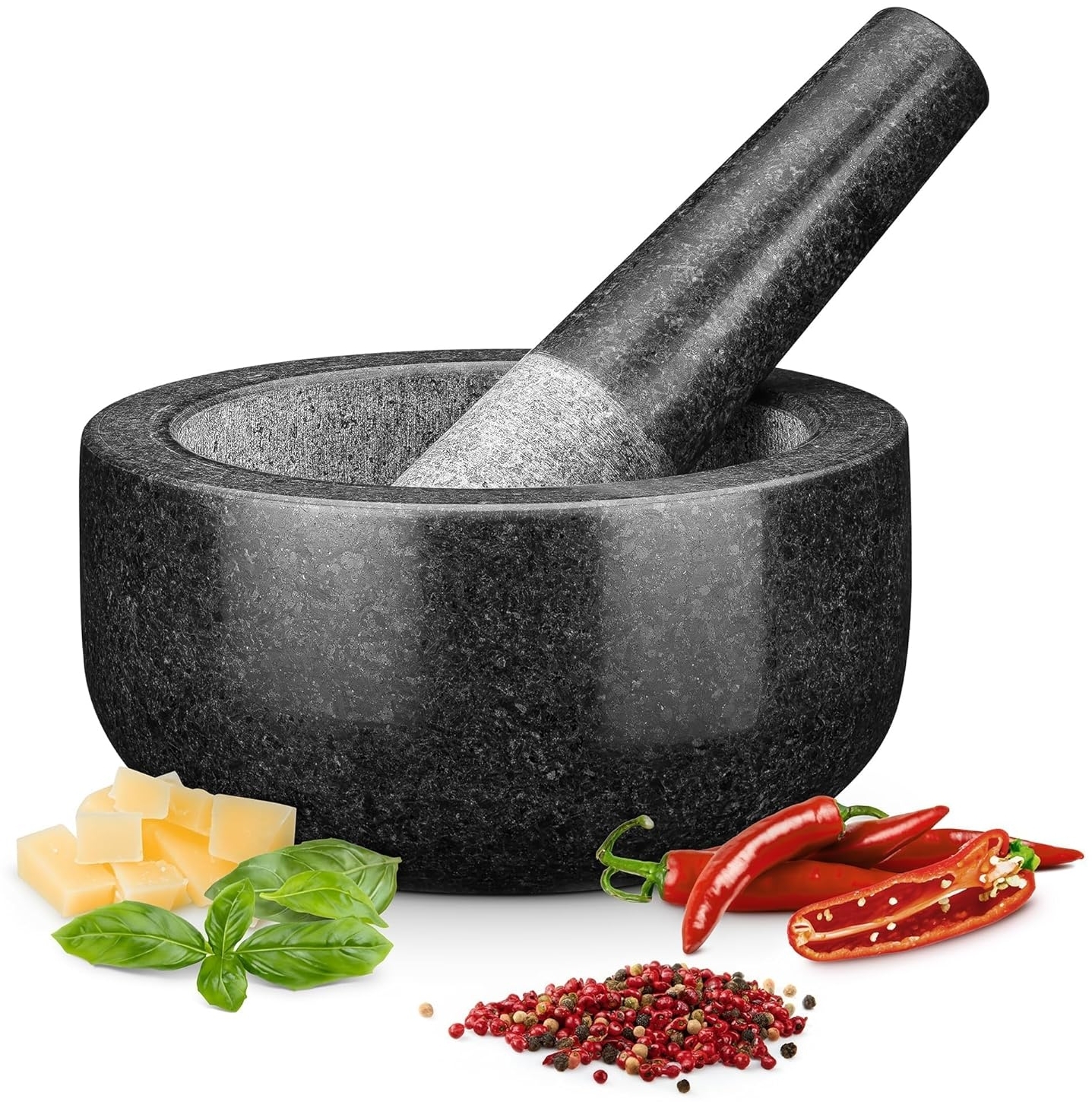H&S Mörser Mörser mit Stößel Set für Gewürze 16cm aus Granit für Gewürze, (1-tlg), Granit Mörser und Stößel Groß Küchenutensilien Mortar and Pestle