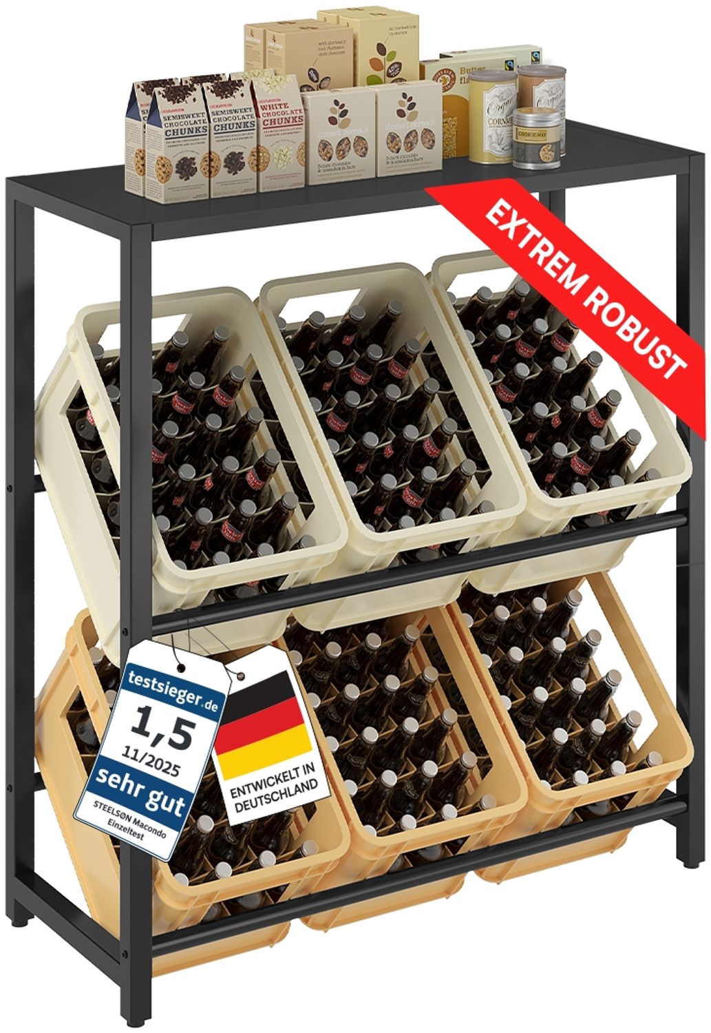 STEELSØN 'Macondo' Getränkekistenregal, Metall, schwarz, 115x105x33 cm, Getränkeregal für 6 Kisten, mit Ablagefach