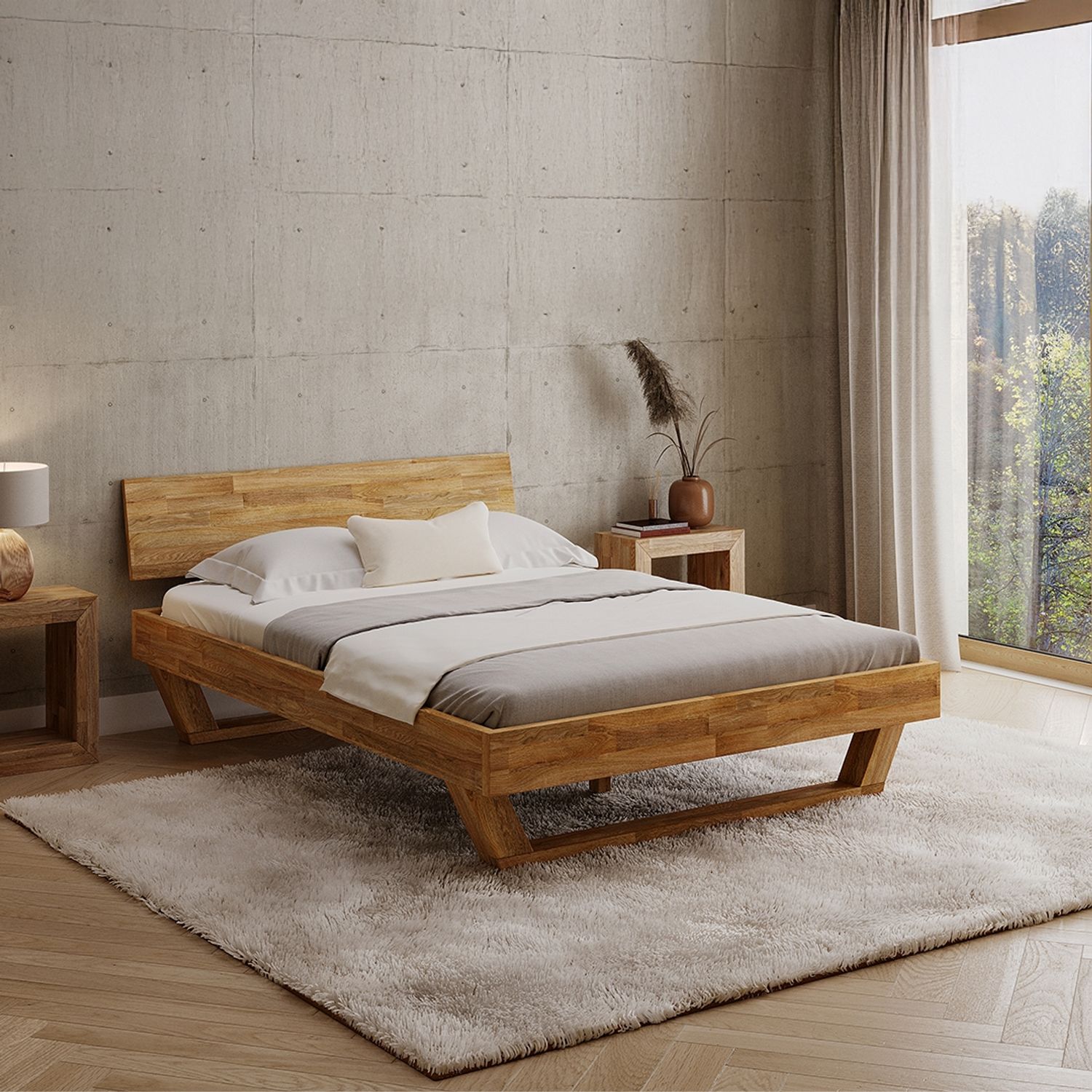 skølm 'Nornir' Bett 140x200 cm, Bettgestell, natur geölt, Massivholzbett aus Eiche mit Holzkufen, Doppelbett mit durchgehendem Bettkopf