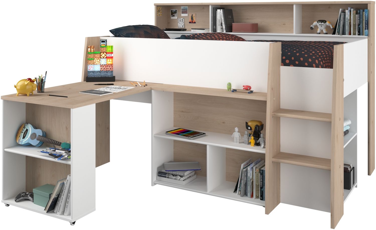 Parisot Lucas Hochbett 90x200 – Weiß/Eiche Dekor