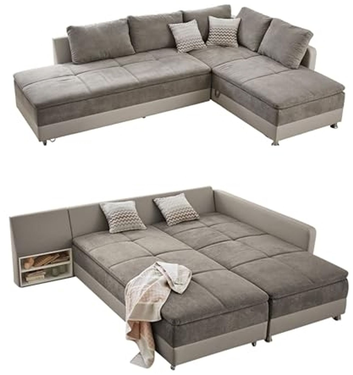 Ecksofa-Dauerschläfer Doppelbett Federkern Bettkasten Couch in Graubraun Beige