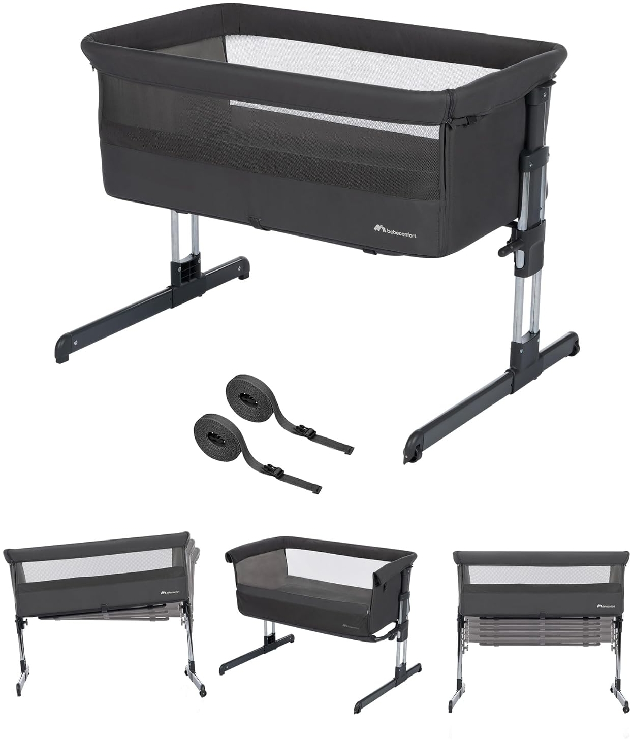 Bebeconfort Calidoo, 2-in-1 Beistellbett Baby & Stubenwagen, 0–6 Monate (0–9 kg), verstellbarer Co-Sleeper, 5 Höhen, große gepolsterte Matratze, Seiten aus Netz, faltbare Seite, Tinted Graphite