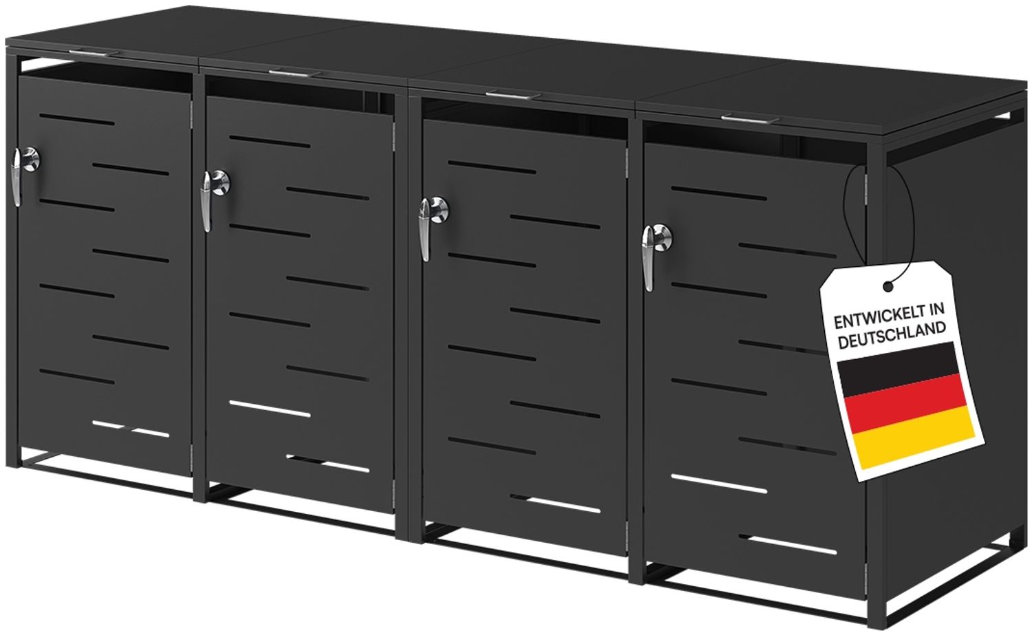 STEELSØN 'Diorus' Mülltonnenbox 4er je 240 Liter, graphitschwarz, Mülltonnenverkleidung aus Stahl mit Sichtstreifen, wetterfest, 116x80x268 cm, abschließbare Müllbox für 4 Tonnen