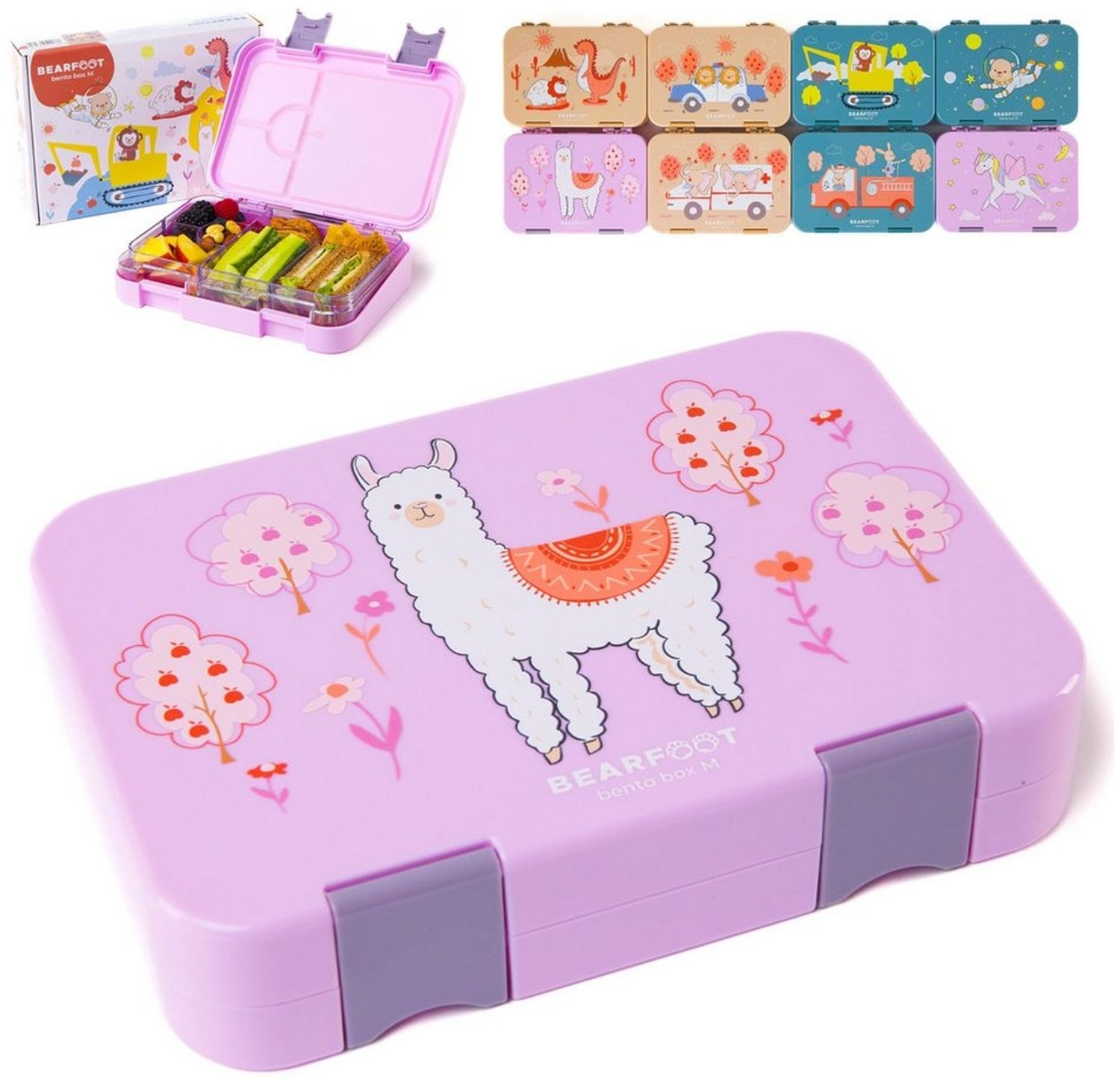 BEARFOOT Lunchbox Brotdose Kinder mit Fächern, Lunchbox, Bento box - Lama Lila, handgezeichnete Designs, modular