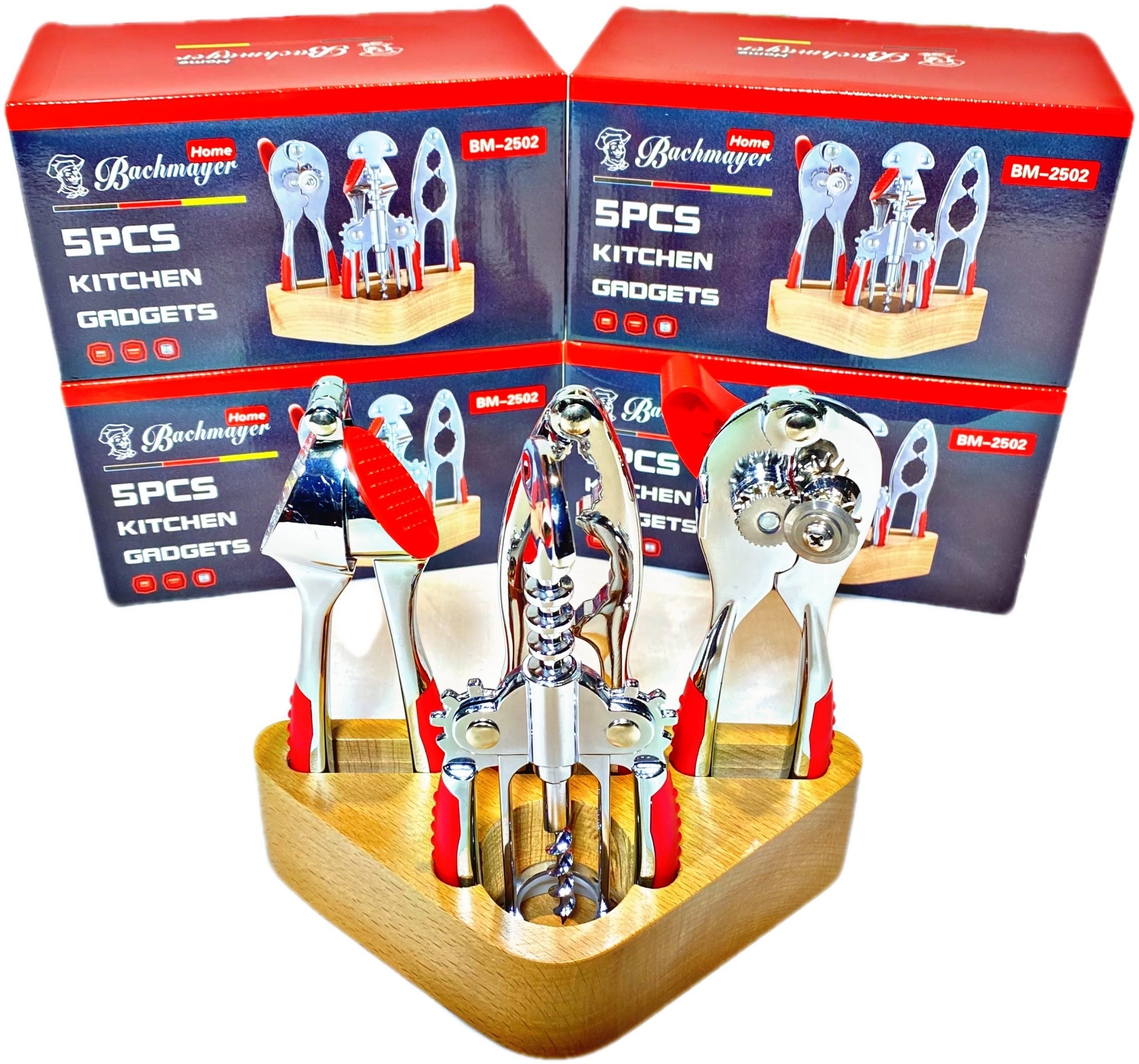 5 tlg Set Ständer Drehbar Dosenöffner Knoblauchpresse Nussknacker Dosenöffner Rot