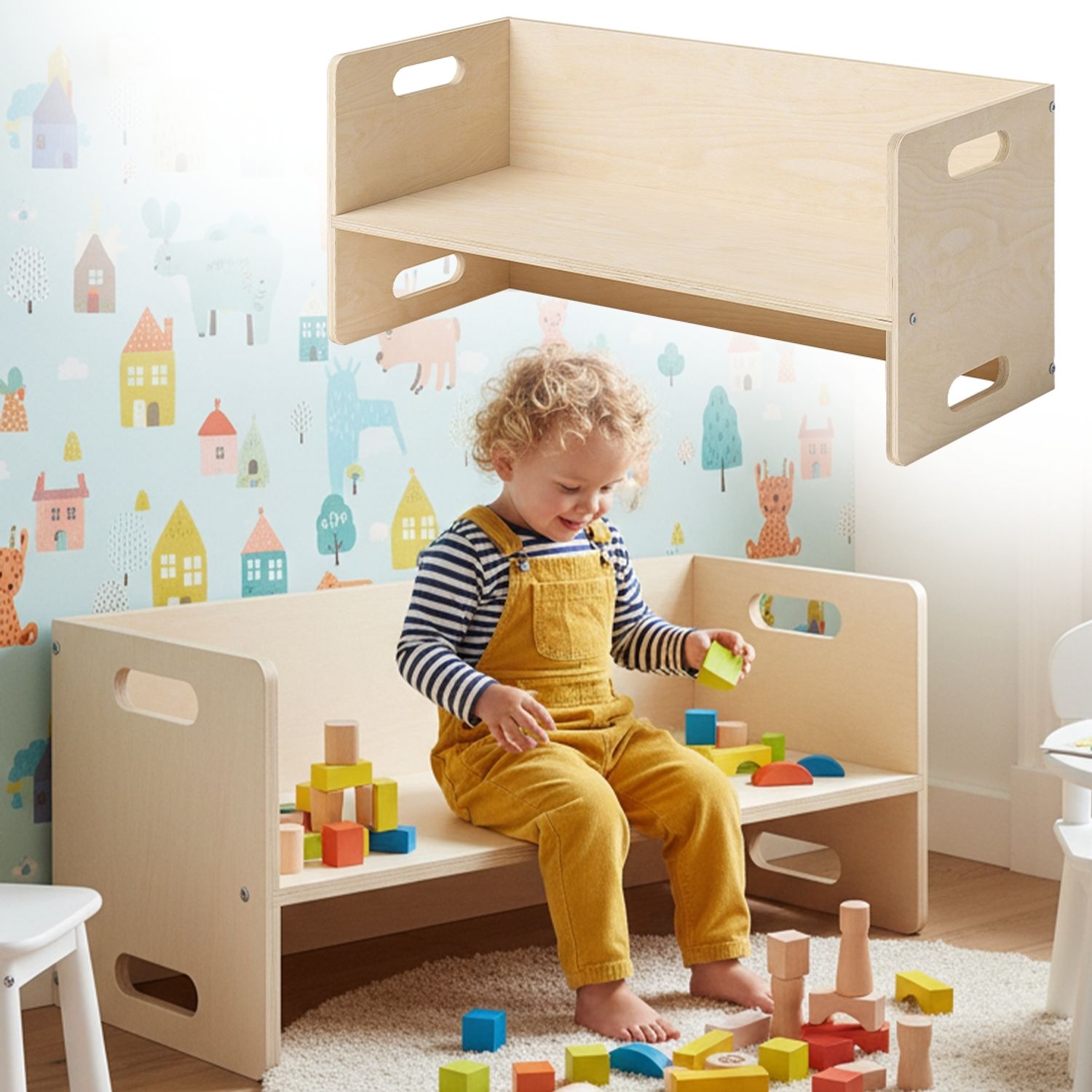 Bellabino 'Aki' 2in1 Wendebank und Tisch, natur unbehandelt, Birke Sperrholz, 3 Sitzhöhenstufen