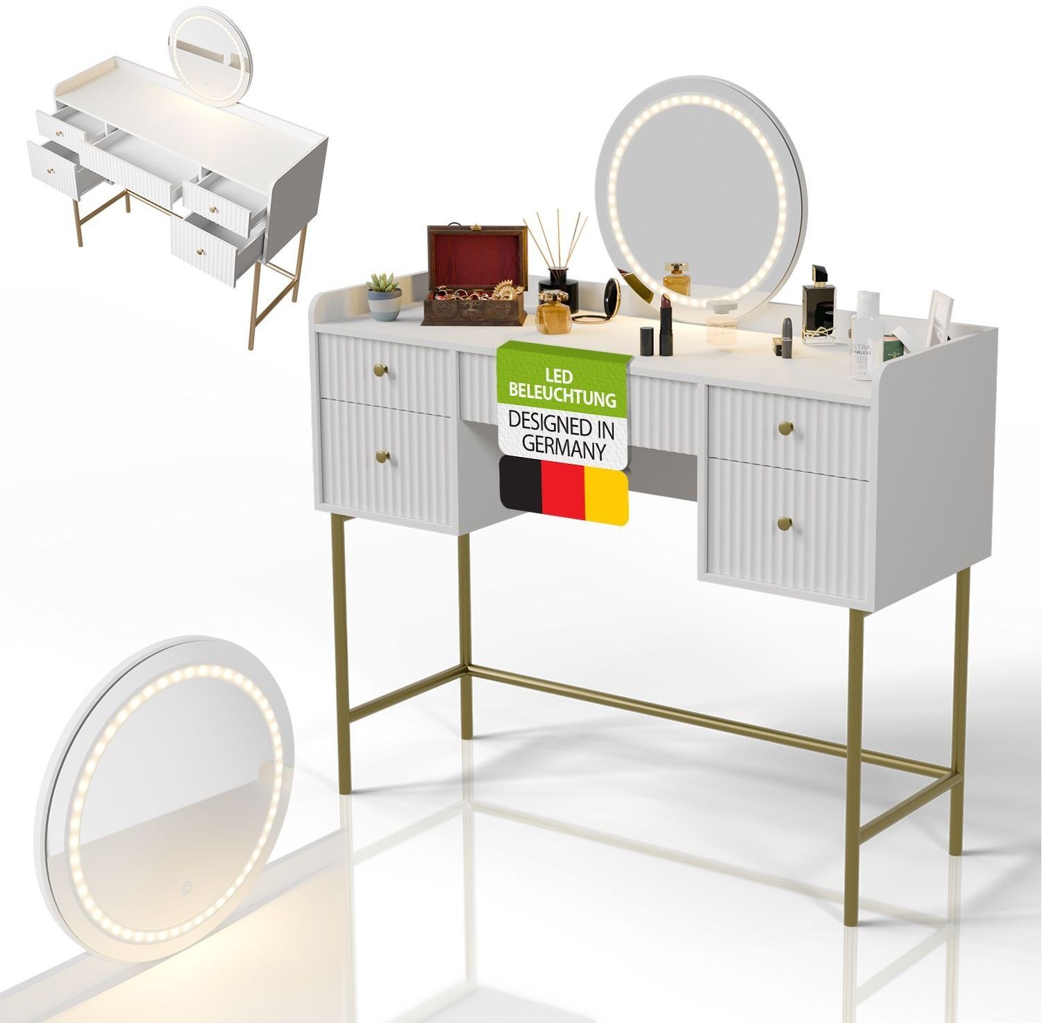 Juskys Schminktisch Samira mit Touch-LED-Spiegel, 5 Schubladen, viel Stauraum & elegantes Design für Schlafzimmer & Make-up – Weiß/Gold