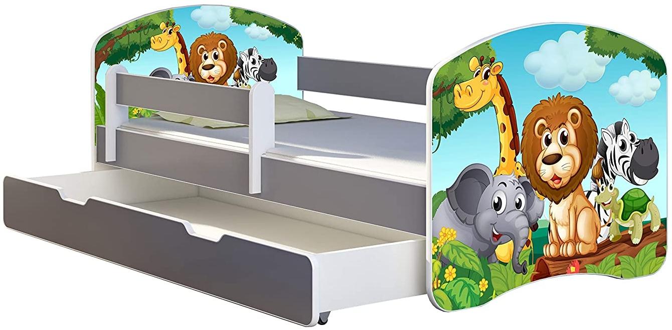 ACMA Kinderbett Jugendbett mit Einer Schublade und Matratze Grau mit Rausfallschutz Lattenrost II (02 Animals, 160x80 + Bettkasten)