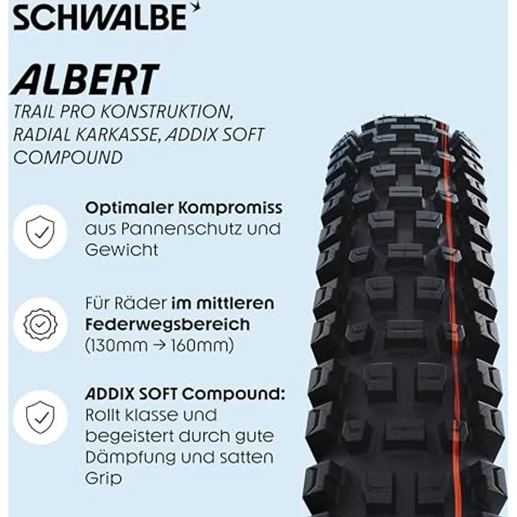 Schwalbe Albert Gravity Pro, Faltreifen für Mountainbiking, 27.5 x 2.50, optimiertes Profil mit Stollen für maximale Kontrolle, E-Bike kompatibel bis 45 km/h – Bild 2