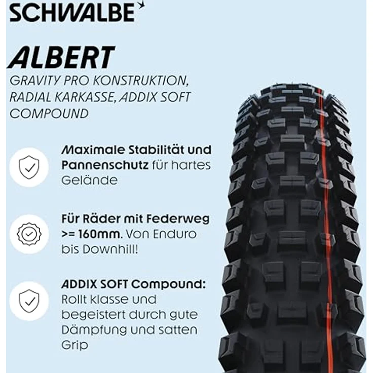 Schwalbe Albert Gravity Pro, Veloreifen 29 x 2.60, tubeless ready, ADDIX Soft Gummimischung, optimiertes Stollenprofil für maximale Traktion – Bild 2