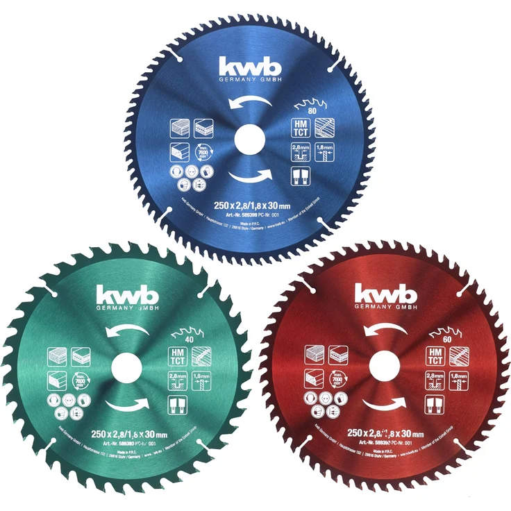 kwb Kreis-Sägeblatt-Set 250 x 30-25 - 16 mm für Handkreis-Sägen bzw. Tischkreissägen, f. Platten-Werkstoffe u. Baustoffe aus Holz inkl. Reduzier-Ringe auf 16 u. 25 mm