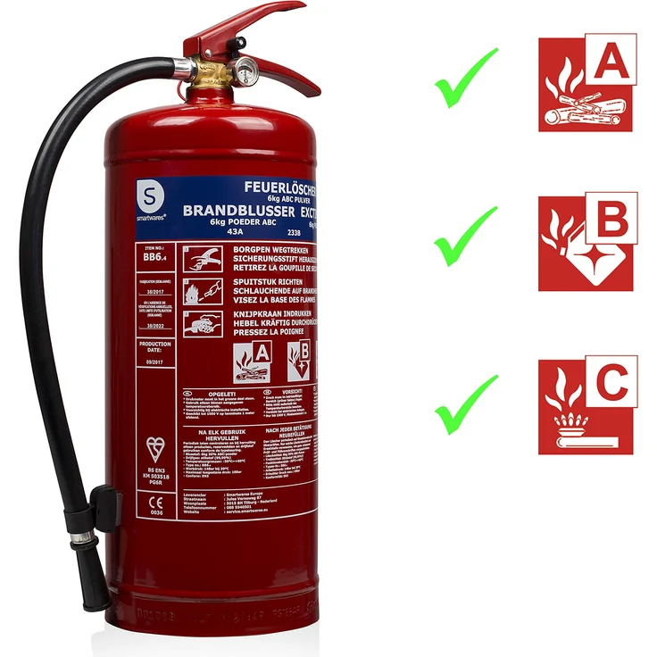 Smartwares ABC Feuerlöscher 6 Kg- Pulverlöscher mit Halterung, Manometer und Schlauch, BB6 – Bild 1