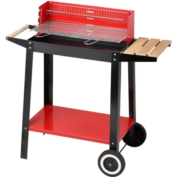 Haushalt International Holzkohlegrillwagen mit Holzablage, Grillfläche 51 x 25,5 cm