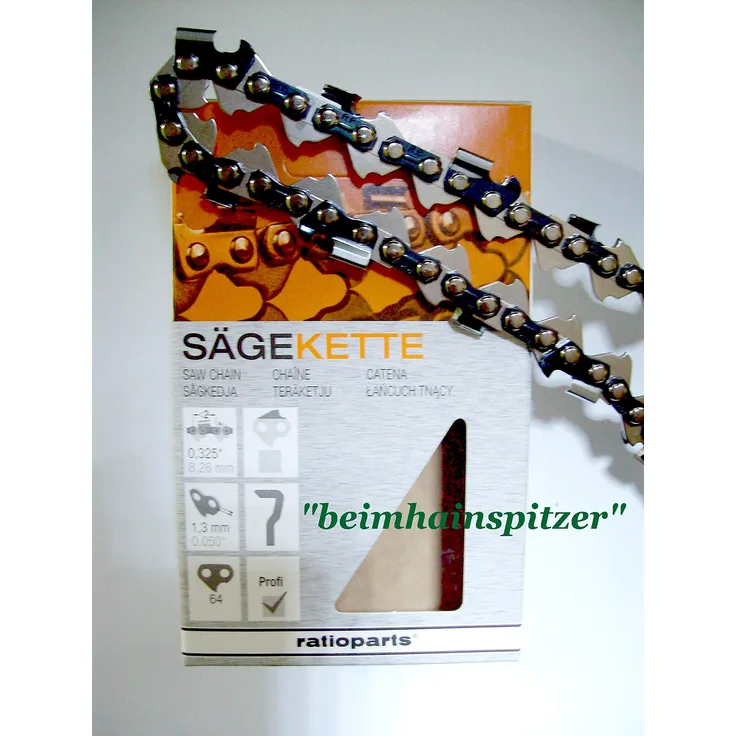 Ratioparts Sägekette 0,325 Zoll, Vollmeissel, 1,3 mm Treibgliedstärke, 64 Treibglieder, Schwarz