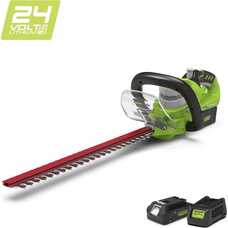 Greenworks Tools 2200107ua Heckenschere Modell High-End, Li-Ion, kabellos, mit Akku 2-AH und Ladegerät, 24V, grün