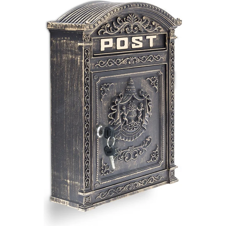 Relaxdays Briefkasten Antik Englischer Wandbriefkasten aus Aluguss mit breitem Briefschlitz für DIN A4 Umschläge HBT: 44,5 x 31 x 9,5 cm nostalgischer Postkasten mit rundem Dach, bronze