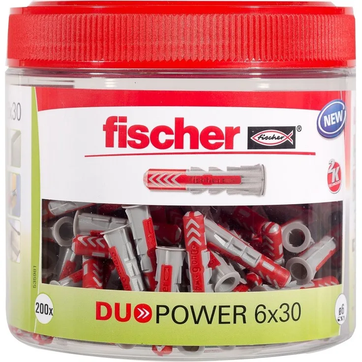 fischer 535981 DUOPOWER 6 x 30 Dose, Universaldübel, leistungsstarker 2-Komponenten-Dübel, Kunststoffdübel zur Befestigung in Beton, Ziegeln, Stein, Gipskarton UVM, ohne Schrauben, 202 Stück, grau - Preisvergleich