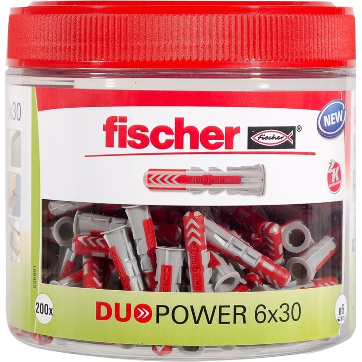 fischer 535981 DUOPOWER 6 x 30 Dose, Universaldübel, leistungsstarker 2-Komponenten-Dübel, Kunststoffdübel zur Befestigung in Beton, Ziegeln, Stein, Gipskarton UVM, ohne Schrauben, 202 Stück, grau - Preisvergleich – Bild 1