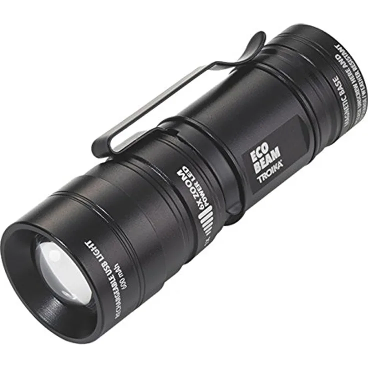 Troika LED-Taschenlampe Taschenlampe ECO BEAM TOR52/BK wiederaufladbare LED Lampe (weiß) Funktionen: Stärken, Blinklicht, 6fach Zoom mit Magnet 600mAh Akku inkl. Ladekabel das Original von