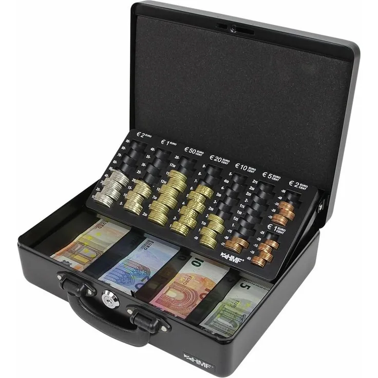 HMF 10026-02 Geldkassette Tragegriff, Transportkassette, Euro-Münzzählbrett, 30 x 24 x 9 cm, schwarz