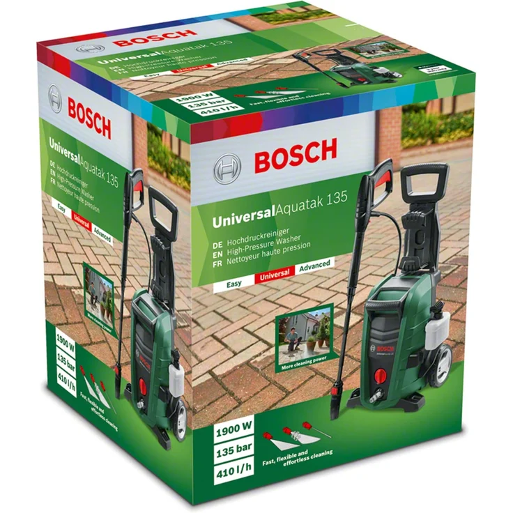 Bosch DIY UniversalAquatak 135 Hochdruckreiniger 3-in-1-Düse, Schaumdüse, transparenter Wasserfilter, Hochdruckpistole, 7 m Schlauch, 5 m Kabel, 1900 Watt, Druck: 135 bar, max. Fördermenge: 410 l-h – Bild 2