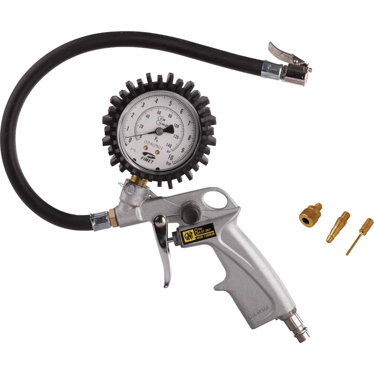 Aerotec 200548 Druckluftpistole - Reifenfüller Set | Reifenfüllerpistole mit 3 Adaptern, Wika Manometer und 30cm Gummischlauch | Geeicht, Druck bis 10 Bar, Standard SK Nippel, Material: Aluminium – Bild 1