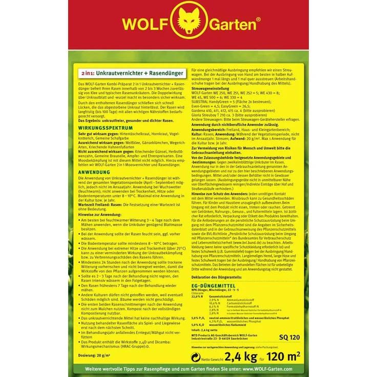 WOLF-Garten 2-in-1 Unkrautvernichter plus Rasendünger SQ 120, 3840720 2,4 kg für 120 m² – Bild 2