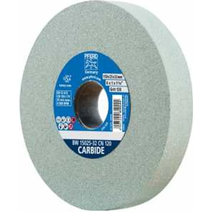 PFERD Schleifbockscheibe, 150x25x32mm, Ausführung CARBIDE, Korngröße 120, Siliciumcarbid, 39008429 – Schleifscheibe für das Bearbeiten harter Materialien mit integrierten Reduzierhülsen (25-20-16mm) – Bild 1