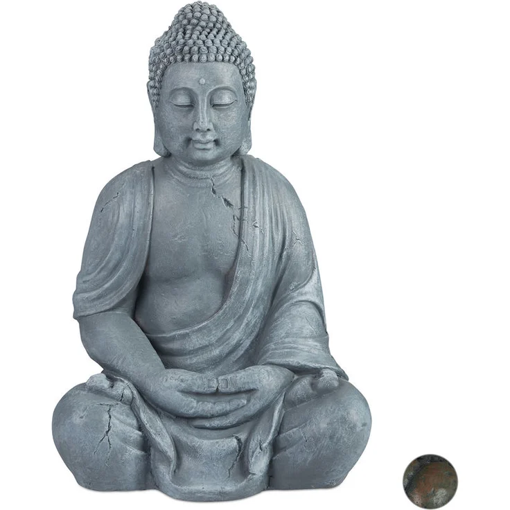 Buddha Figur sitzend, XL 70 cm, Gartenfigur, Dekofigur Wohnzimmer, wetterfest & frostsicher, hellgrau – Bild 1