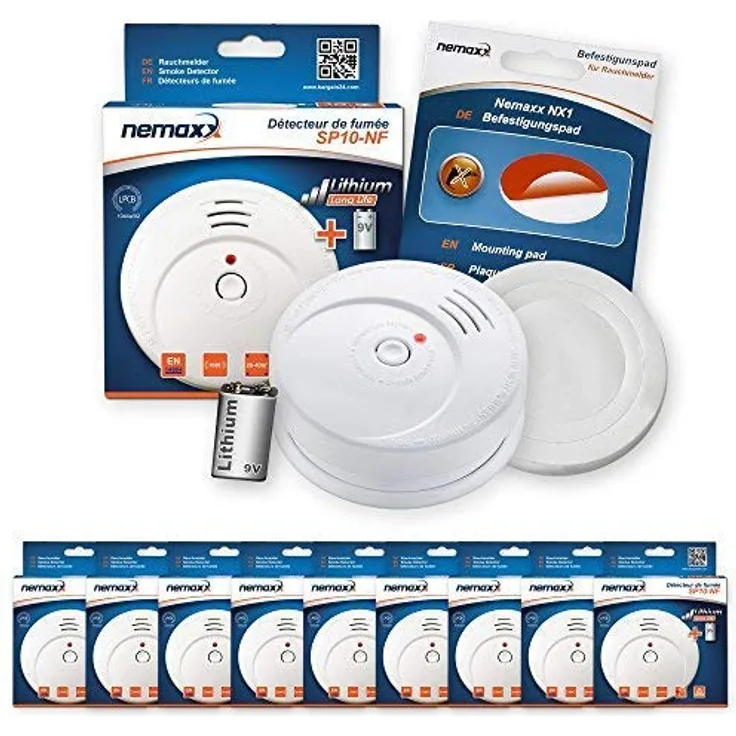 9X Nemaxx SP10-NF Rauchwarnmelder - langlebiger Rauchmelder mit 9V Lithiumbatterie DIN EN14604 NX1 Befestigungspad