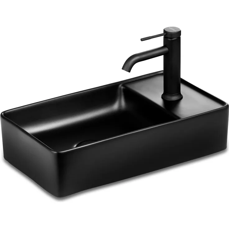 Gäste WC Waschbecken SOHO 2.0 in 46 x 25 cm Keramik für Wandmontage oder Aufsatzwaschbecken mit Hahnloch in Schwarz Matt Hahnloch Rechts