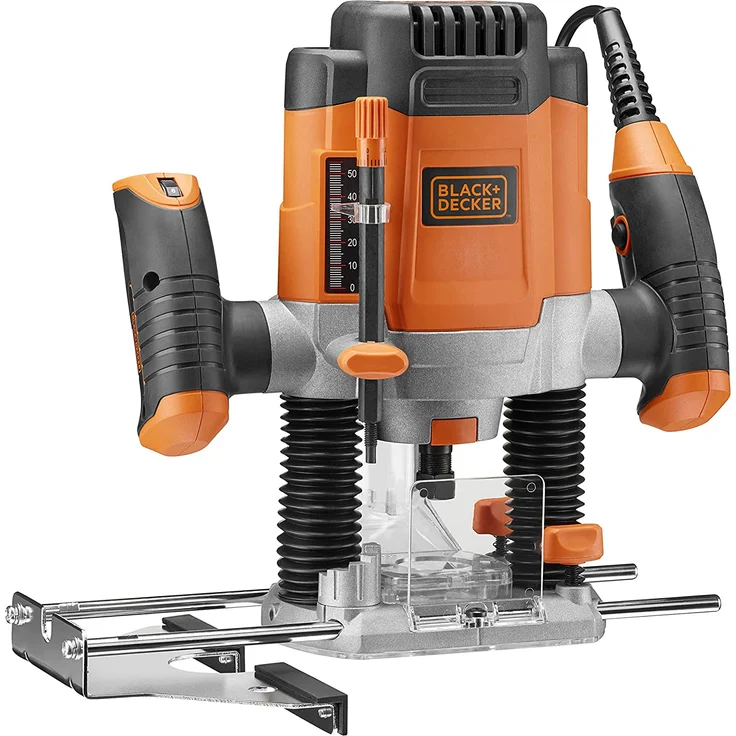 Black+Decker KW1200E 1200W Oberfräse, 28.000 1-min, max. Fäserdurchmesser 38 mm (inkl. 3 Spannzangen, Parallelanschlag, Zirkel, Staubabsaugevorrichtung, Kopierhülse (17 mm), 1200 W, 230 V, Orange – Bild 4