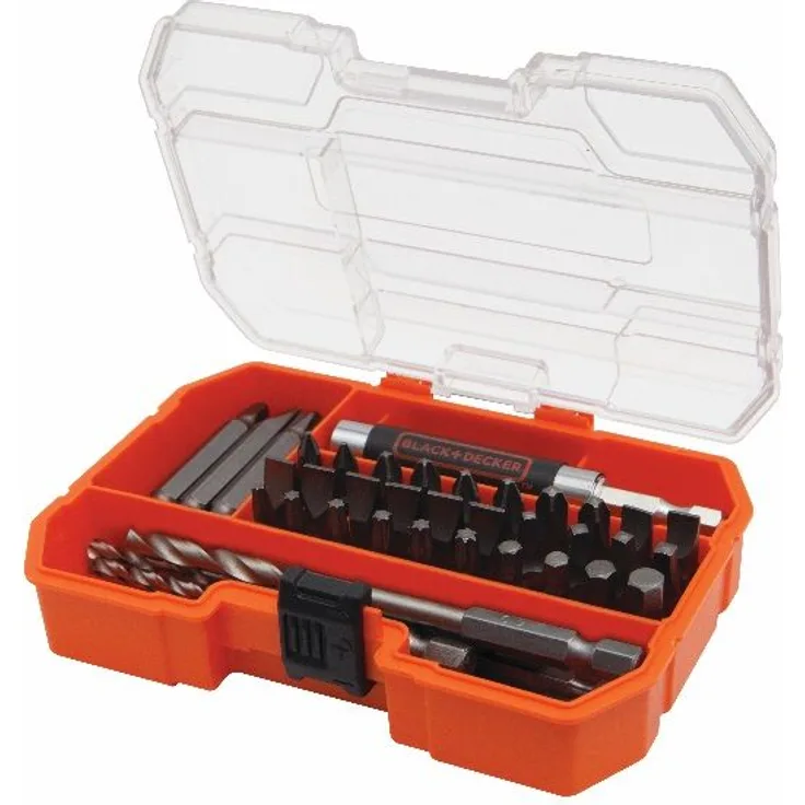 Black & Decker 45-teilig Bit- und Bohrer-Set (bestehend aus 6x HSS Sechskantbohrer, 30x Schrauberbits 25 mm, 8x Schrauberklingen 50 mm, Magnethalter, im Koffer) A7234