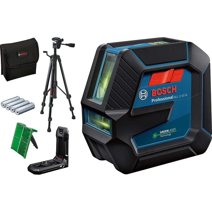 Bosch Professional Linienlaser GLL 2-15 G (grüner Laser, Halterung LB 10, Stativ BT 150, sichtbarer Arbeitsbereich: bis 15 m, 4x AA-Batterie, in Kartonschachtel) – Bild 1