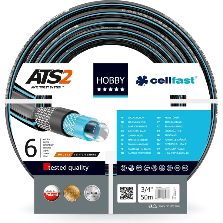 Cellfast Gartenschlauch Hobby, Formstabiler, Flexibel 6-lagiger Schlauch aus hochwertigem Doppelgeflecht mit Kreuz- und Trikotgewebe, 30 bar Berstdruck, 50m ,3-4 zoll