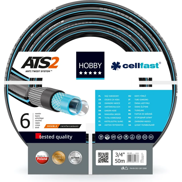 Cellfast Gartenschlauch Hobby, Formstabiler, Flexibel 6-lagiger Schlauch aus hochwertigem Doppelgeflecht mit Kreuz- und Trikotgewebe, 30 bar Berstdruck, 50m ,3-4 zoll – Bild 1