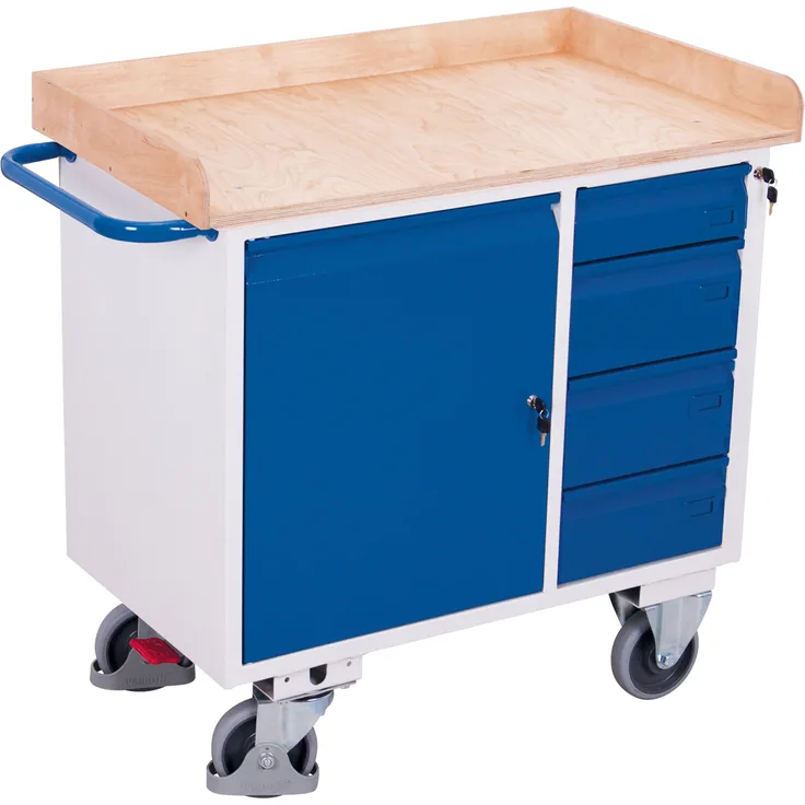 VARIOfit Werkstattwagen mit Schiebegriff, Schrank, 4 Schubladen und Ladefläche mit Rand 1000x600mm