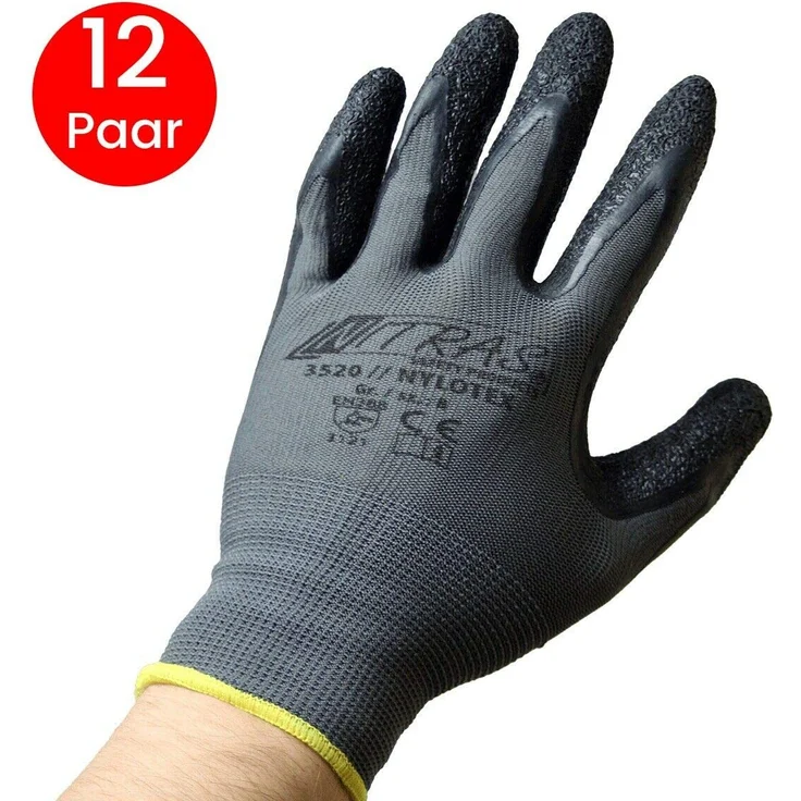 NITRAS Nylotex 3520 Nylon-Latexhandschuhe Arbeitshandschuhe 12 PAAR, Grau-Schwarz, 9-XL - Preisvergleich – Bild 1