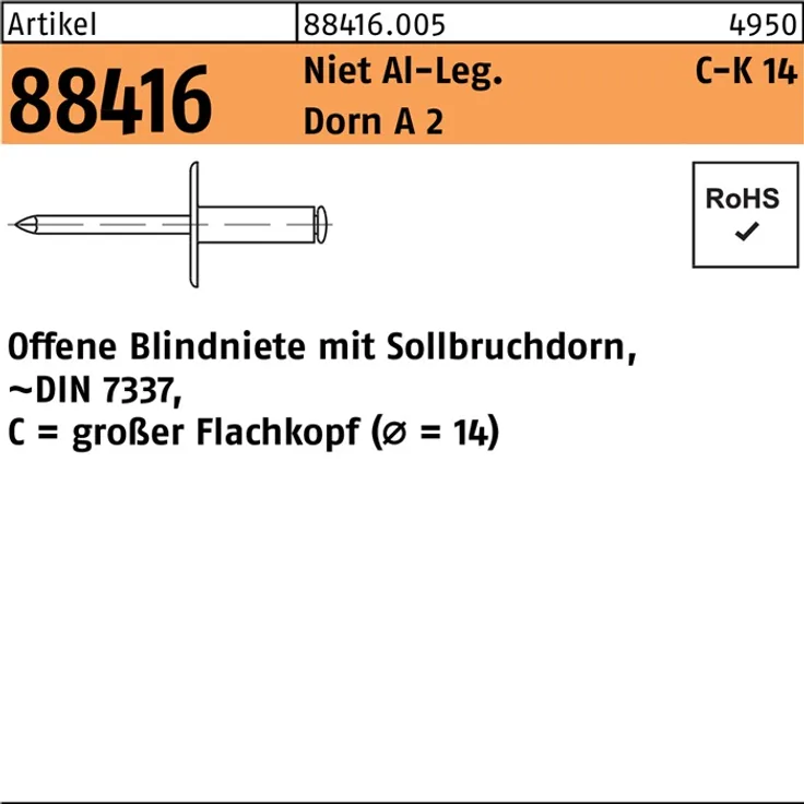 DIVERSE Blindniete R 88416 großer Flachkopf 5 x 12 Niet Aluminium-Dorn A 2