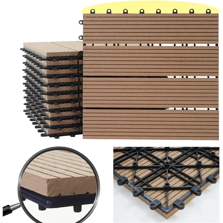 WPC Bodenfliese Rhone, Holzoptik Balkon-Terrasse, 11x je 30x30cm 1qm Premium, teak linear