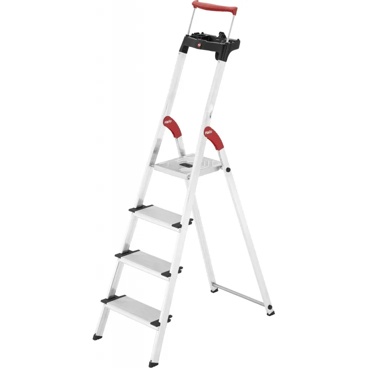 Hailo Alu-Sicherheits-Haushaltsleiter ComforLine XXR ,4-stufig, mit Multifunktions- Ablageschale Eimerschlaufe, XXL-Stufen