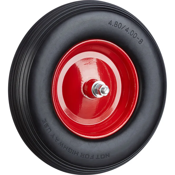1 x Schubkarrenrad Vollgummi mit Achse, 4.80 4.00-8 Gummirad, pannensicher, 100kg Tragkraft Ersatzrad, schwarz-rot