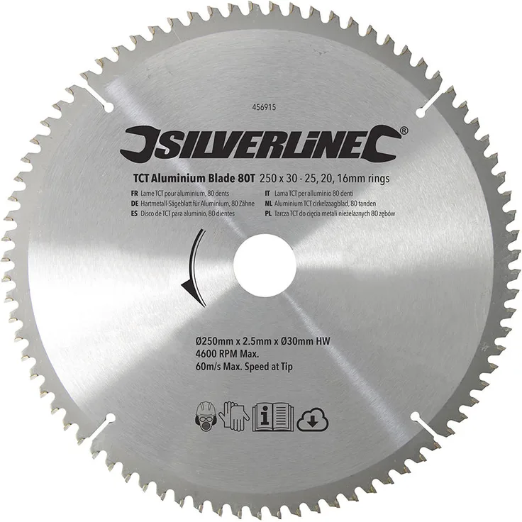 Silverline Hartmetall-Sägeblatt für Aluminium, 80 Zähne, 250 x 30, Reduzierringe: 25, 20 u. 16 mm