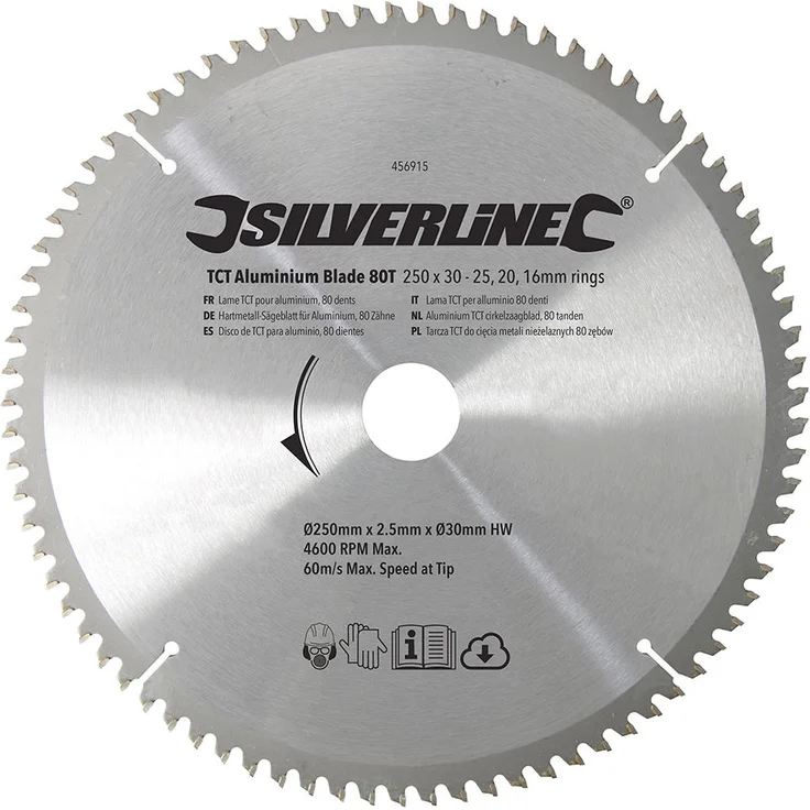 Silverline Hartmetall-Sägeblatt für Aluminium, 80 Zähne, 250 x 30, Reduzierringe: 25, 20 u. 16 mm